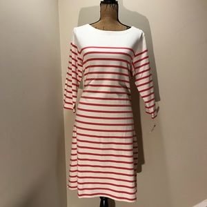 NWT LLBean 3/4 sleeve red cream striped dress